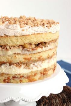 Apple Pie Layer Cake~ buttery cake layers sandwich a creamy cheesecake and apple pie filling along with crispy pie crust crumbles.  /  The Suburban Soapbox