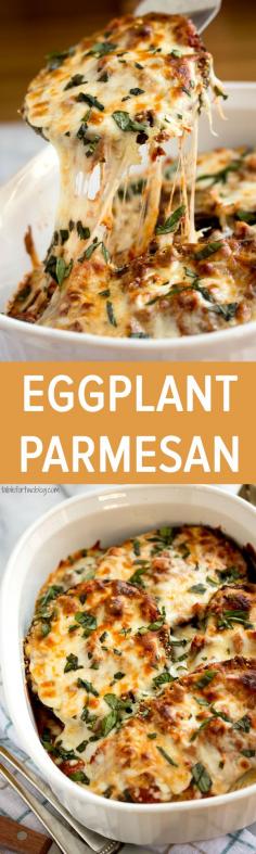 Eggplant Parmesan is really filling, super flavorful, hearty and healthy. Click through for recipe!