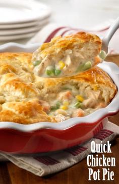 QUICK CHICKEN POT PIE - You can have a delicious pot pie on the table quickly and easily. A combination of cooked chicken, frozen veggies and creamy herb and garlic soup is topped with biscuit crust and baked to golden perfection. Give it a try, this is comfort food that's sure to become a family favorite!