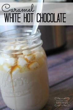 Caramel White Hot Chocolate! Made in the crockpot super easy! I love white chocolate wayyyyy more than milk or dark... Thinking a must try!