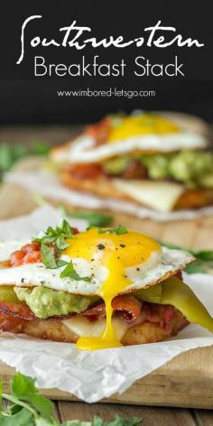 
                    
                        Southwestern Breakfast Stack has hash browns, cheese, bacon, guacamole, green chili and topped off with a fried egg. Cilantro and salsa to garnish if you desire. So good!!!
                    
                