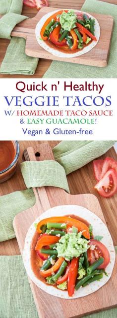 Great Meatless Monday recipe - Healthy Veggie Tacos Recipe w/ Taco Sauce and Guacamole | VeganFamilyRecipes.com | #vegan #glutenfree #dinner #vegetables #mexican