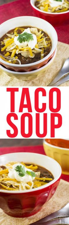 Taco Soup - this amazing taco soup is so easy to make! You just toss a bunch of ingredients into your crockpot and you're ready to go. This flavorful soup is the perfect fall comfort food!
