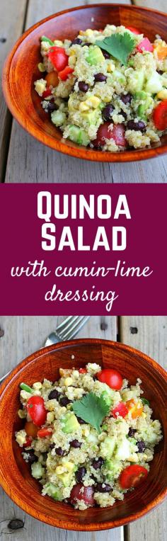 This Quinoa Salad with Cumin-Lime Dressing is sure to become a summertime favorite with its unique dressing! Get the easy recipe on RachelCooks.com!