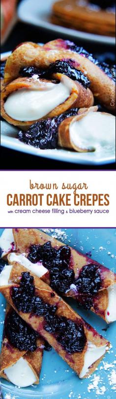 Brown Sugar Carrot Cake Crepes with Cream Cheese Filling and Blueberry Sauce - EVERY BIT AS DELICIOUS as they sound! Like thin sweet carrot cake smothered with whipped cream cheese and sweet blueberries. #crepes #blueberrycrepes #carrotcake #brunch