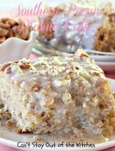 Southern Pecan Praline Cake Recipe ~ •1 15-oz. box Betty Crocker Butter Pecan Cake Mix •1 16-oz. can Betty Crocker Coconut Pecan Frosting •4 eggs •¾ cup canola or coconut oil •1 cup half-and-half (instead of water) for increased flavor •½ cup chopped pecans, stir in last. Mix all ... bake 350F 40 to 50 minutes. . . . Top with warm Butter Pecan Glaze •1 14 oz. can sweetened condensed milk •3 tbsp. butter •½ cup chopped pecans