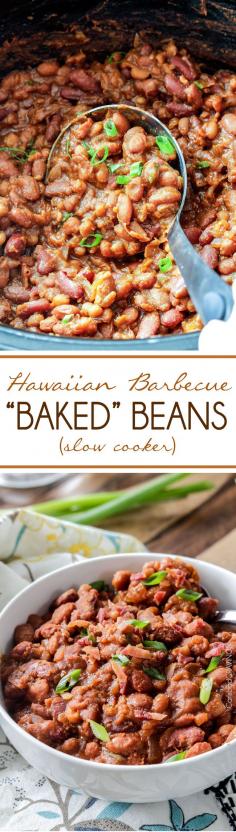 Slow Cooker Hawaiian Barbecue "Baked" Beans simmered in a pineapple infused barbecue bath enlivened with just the right kick of Cajun spices. These beans are a real crowd pleaser and couldn't be any easier!! #bakedbeans #crockpot #slowcooker #beans #barbecuet