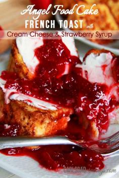 Tasty}- Angel Food Cake French Toast with Cream Cheese & Strawberry Syrup - BEST FRENCH TOAST EVER - Angel food cake French toast dipped in cinnamon batter - the perfect texture of toasted on the outside, light, airy and slightly sweet cake heaven on the inside. | Carlsbad Cravings
