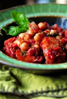 Italian Style Garbanzos and Sausage... easy, hearty throw-together recipe with canned tomatoes, herbs, garlic, onion, red wine, garbanzo beans, and smoked sausage. Add some crusty bread & YUM!