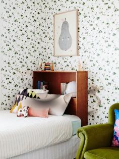 
                    
                        Annie’s bedroom. Fictional Objects doona cover, Kip and Co cushion and Pirum Parum Pear poster by Fine Little Day. The bed head is an eBay find. Photo – Annette O’Brien. Production – Lucy Feagins / The Design Files.
                    
                