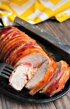 Bacon Wrapped Garlic Dijon Pork Loin. Unbelievably delicious pork loin smothered in Dijon mustard and fresh garlic, wrapped in bacon, drizzled with a bit of honey and roasted to perfection. | from willcookforsmiles.com