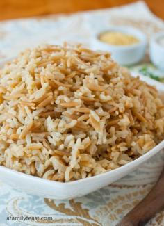 Rice Pilaf -       ½ cup uncooked orzo pasta      1 tablespoon extra virgin olive oil      3 tablespoons butter      1 cup chopped onions      1 cup uncooked long grain white rice      2 large cloves garlic finely minced      2 bay leaves      ½ teaspoon dried thyme      ¼ teaspoon black pepper      3 ½ cups chicken stock #fustinify