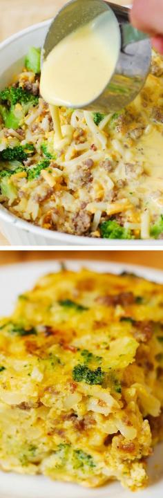 Breakfast Casserole with shredded hash brown potatoes, broccoli, cheddar cheese, sausage and eggs. Everything you want to have for breakfast in one easy casserole!