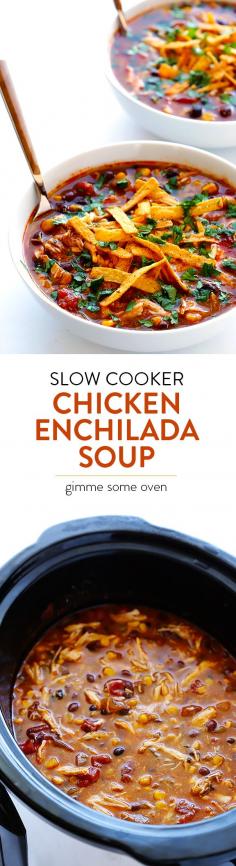 
                    
                        Let your crock pot do all of the work with this Slow Cooker Chicken Enchilada Soup.  It only takes minutes to prep, and it's MUY delicioso! | gimmesomeoven.com
                    
                