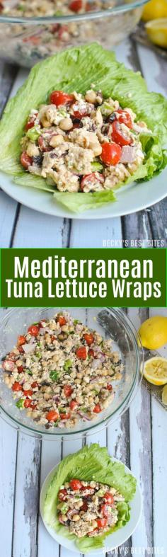 
                    
                        Mediterranean Tuna Lettuce Wraps are a simple, healthy, no-cook dinner idea. Recipe features chickpeas, olives, feta cheese, tomatoes in a dijon lemon vinaigrette. | beckysbestbites.com
                    
                