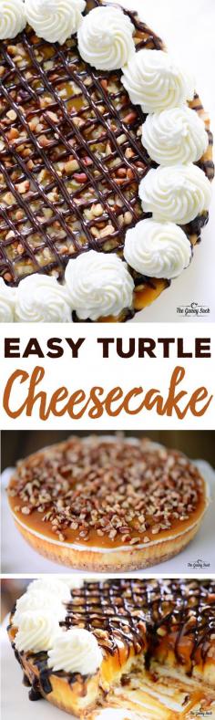 
                    
                        Easy turtle cheesecake recipe made from a Sara Lee Original Cream Cheesecake. Top it with chocolate, caramel, pecans and whipped cream. Great for the holidays! #UniquelyYours Sponsored by Sara Lee®
                    
                