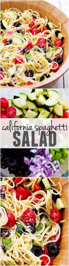 This California Spaghetti Salad is full of delicious summer veggies and topped with zesty italian dressing... it will be the HUGE HIT of any potluck!