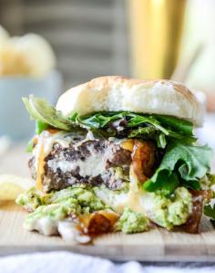 goat cheese guacamole burgers with caramelized onions : sandwich