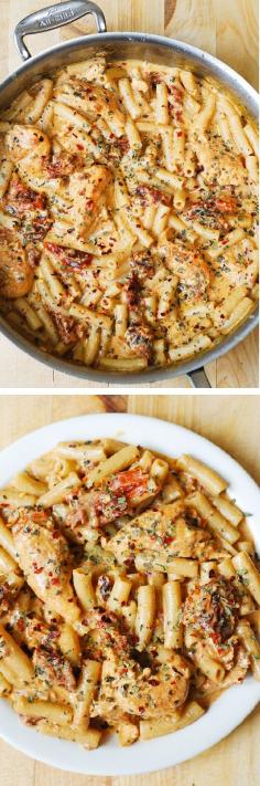 Chicken breast tenderloins sautéed with sun-dried tomatoes and penne pasta in a creamy mozzarella cheese sauce seasoned with basil, crushed red pepper flakes. If you love pasta, if you love Italian food – you’ll LOVE this recipe! #Chicken #Mozzarella #Pasta with Sun-Dried #Tomatoes #recipe