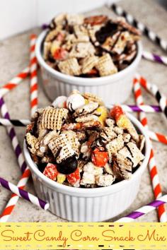 
                    
                        Snack mix with Chex, Candy Corn M&M's, Pretzels, Peanuts, Candy Corn and Pretzels dressed in Vanilla CANDIQUIK® and drizzled with Chocolate!
                    
                