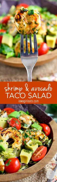 Shrimp and Avocado Taco Salad - Light and refreshing with a shrimp marinade that doubles as the salad dressing!