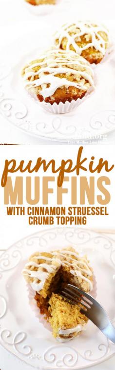 Pumpkin Muffins with Cinnamon Streusel Crumb Topping - These pumpkin muffins are the perfect fall treat. They're flavorful, moist and topped with a perfect crumb topping and simple frosting. So good!
