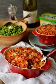 Vegetarian lentil cottage pie with garlic butter sweet potato mash - Domestic Gothess