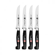 Steak Knives - Ultra-sharp steak knives effortlessly slice through thick cuts of meats and even vegetarian entrees. Introduced in 1976, the Four Star line is today's most popular upscale knife series. Celebrated professional chefs helped design the Four Star knives that blend a classic design and precision forging with a comfortably safe grip. This German-made 4-Piece set features high-carbon, no-stain steel blades, ice-hardened for superior strength and sharpness. Since 1731, the famous TWIN logo has represented superior quality for professional chefs and serious cooks worldwide. Product Features One-piece precision forging ensures higher blade stability and lasting sharpness Friodur ice-hardened knife blades offer greater resistance to corrosion and pitting Hand-honed, high-carbon stain-steel knife blades protect against rust and stains Laser-controlled knife edges stay sharp longer with a more consistent blade angle Ergonomically designed knife handles offer a smooth, comfortable grip Seamless poly - Specifications Model: 39190-000 Length: blade 4 1/2", overall 8 3/4" Weight: 2 oz. each Material: ice-hardened high-carbon stainless-steel blades with polypropylene handles Use and Care Henckels knives are dishwasher-safe but hand washing is recommended. In the dishwasher, your Henckels knives may bang against other cutlery or pots and pans and knick the blades. Wipe the knives clean with a wet cloth and dishwashing detergent. Dry immediately. Dry from the back of each piece toward the blade tip. No metal is completely stain-free. To prevent slight tarnishing, be sure to remove acidic foods (lemon, mustard, ketchup, etc.) from the blades after use. If blades should show some signs of staining, clean with a non-abrasive metal polish. To prevent irreparable blade damage, it is best to store knives in a knife block.