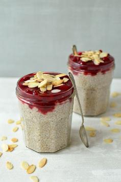 Chia pudding with almond milk, honey and vanilla served with a tart cherry compote and toasted flaked almonds; a healthy, filling make-ahead...