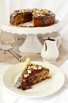 Autumnal dark chocolate, pear, hazelnut and cinnamon cake with dark chocolate ganache
