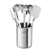 Utensils & Sets - You'll appreciate these professional-style kitchen tools every time you reach for one to stir sauces, lift meats, ladle soups and turn omelets. Designed of superior-quality polished 18/10 stainless steel, each durable utensil features a signature All-Clad handle. This 6-piece set includes a 13" solid spoon, 13" slotted spoon, 13 1/2" fork, 14 1/2" ladle (6 oz.), 13 1/2" turner, and a tool caddy with All-Clad logo. Dishwasher-safe. Product Features Designed of finest-quality, highly polished 18/10 stainless steel for a lifetime of use Stainless utensils will not stain or react with foods All-Clad signature stainless-steel handles are designed for ergonomic comfort Dishwasher-safe Lifetime warranty Imported - Specifications Material: polished 18/10 stainless steel Size: Canister: 5" Dia. x 7"H Tallest Utensil: 3 1/2"Dia. x 14 1/2"H Weight: 3 lbs. 11 oz. Warranty All-Clad Cookware Lifetime Warranty: From date of purchase, All-Clad guarantees to repair or replace any item found defective in material, construction or workmanship under normal use and following care instructions. This excludes damage from misuse or abuse. Minor imperfections and slight color variations are normal.