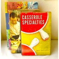 Here are three appealing MidCentury cookbooks - all hardbacks in dust jackets, from the late 1950s-'60s. They include: Casserole Specialties by Nedda Casson Anders, 1955, Gramery Publishing Co. 128 pages. All varieties of casseroles, including fish, egg, game. Both book and d/j are in very good condition, with just a bit of edge-wear to the jacket. A Cook's Tour of San Francisco by Doris Muscatine, 1963, Charles Scribners & Sons, 365 pages. With b/w photographs. Guide to the best Restaurants, and their Recipes, circa 1960s. This book is in as-new condition, unmarked, with some very minor wear to the d/j edges. This is a book club edition. It is highly- sought-after. The Night Before Cookbook by Paul & Leslie Rubinstein, 1967, Macmillan, 210 pages. Some illustrations. Guide to preparing fancy dinners the night-before a party. With 200 recipes requiring "no more than 60 minutes preparation just before serving." Unmarked, with some minor wear to the d/j edges. This is a book club edition. These are great cookbooks for the MidCentury collector, as well as for those hoping to recreate some Mad Men-era dining. All three feature great vintage graphics on their jacket covers.