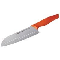 Blade: 7 inches. Crafted of Japanese steel. Ergonomic grip handle in orange. Long-lasting cutting performance. Includes protective plastic sheath. Hand wash only. Whether it's carrots and zucchini for dinner or chicken breasts for lunch, the Rachael Ray Cutlery 7 in. Santoku Knife gets the job done in a flash. Much like a chef's knife but with a straighter blade, this santoku knife features a Japanese steel blade and ergonomic grip handle in Rachael Ray's signature orange shade. The blade, designed for exceptional slicing, is super-sharp, corrosion resistant, and easy to clean, and a protective plastic sheath comes included. Hand wash only. About Rachael RayThis collection of fun, functional, colorful cookware is inspired and endorsed by TV personality Rachael Ray. Express yourself through your cookware with these truly unique pieces made with high-quality materials like cast iron and bright enamel exteriors. These hard-working pieces are perfect for all types of cooks, from casual home users to commercial chefs, and you'll love the way they look in your kitchen.