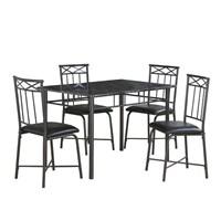 This Charcoal Metal 5 Piece Dining Set Brings Crisp Style Home Featuring a lightweight, yet sturdy build, this faux marble 5 piece dining set is easy to move in with. Sleek charcoal colored steel lends support throughout table and chairs, while adding stylistic verticals that draw out the lined marble top. Smooth curves enhance the elegance of the tube framework, while supple seats ensure breakfast, lunch and dinner are served in comfort. Equipped with non-marring feet, this charcoal metal 5 piece dining set won't leave streaks on tile, wood or laminate flooring, while sturdy reinforced construction delivers years of solid service. A great way to transform a small room into a comfortable, stylish dining room, bring this set home and add a dose of elegance to each meal.