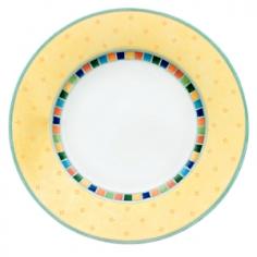 Villeroy & Boch A brightly coloured, conventionally shaped dinner plate. 27cm diameter. Main colours are: white main body, and a yellow rim with a thin mosaic detail in red; blue, green, orange and yellow square motifs. Ideal for main courses, large lunches or cooked breakfasts, hot or cold. A perfect accompaniment to any product from the 3 mix & match designs of the Twist Alea ranges - Limone; Verde and Caro. Made of Premium porcelain for strength and durability. Microwave and dishwasher safe. Porcelain, Dishwasher safe, Microwave safe, Not oven safe.