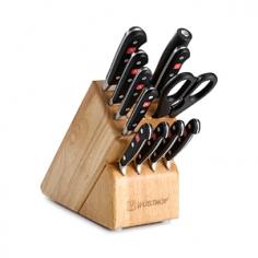 All of your essential cutlery needs are found with the CLASSIC 12-Piece Block Set from Wusthof&reg;. ; Set includes: 4 x 4.5 in steak knives 1 x 3.5 in paring knife 1 x 6 in sandwich knife 1 x 8 in carving knife 1 x 8 in chef's knife 1 x 8 in bread knife 1 x 9 in sharpening steel 1 x kitchen shears 1 x hardwood storage block; Knife block provides protection for your blades as well as a visual compliment to your kitchen decor. ; Forged from one piece of specially tempered, high carbon steel for outstanding strength. ; The special steel alloy that comprises the blade assures that it is exceptionally sharp and has a long-lasting, easily restorable edge. ; The bolster provides heft and balance as well as a finger guard for safety and comfort. ; Full tang handle features ergonomic, riveted grips. ; Attention to details include a ground and polished spine with an etching of the steel formula and trident logo. ; Carefully hand wash and towel dry. ; Knives only made in Germany.