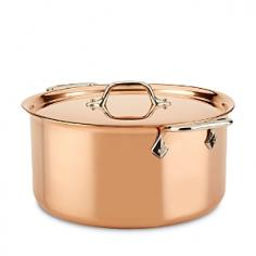 Soup & Stock Pots - The reliable pot for cooking soups and stocks and canning preserves, the 8-qt. All-Clad c2 Copper Clad Stockpot outperforms traditional copper cookware in heat conductivity and distribution. Compared to the leading copper cookware, the Copper Clad soup pot ranks 36%* higher in thermal conductivity and 25%* higher in even heating without hot spots. Engineered of 99.9% pure copper bonded to premium stainless-steel, the 8-qt. stockpot with lid's high sides and wide bottom gives ample space to saute ingredients before adding liquids to create soups or starting a roux for stews or etouffee. With its increased copper thickness, the All-Clad c2 Copper Clad stockpot rapidly heats to boil shellfish and pasta or simmer apple cider and marina sauce for the whole party. The ultra-durable, flat stainless-steel cooking surface will not react with foods so tastes stay pure. The 8-qt. stockpot with lid includes flared rim for mess-free pouring and contoured stainless-steel handles for ergonomic comfor - Specifications Made in the USA Material: copper, polished 18/10 stainless-steel Model: 8701005268 Capacity: 8 qt. Size: 11 1/2" Dia. (14 1/4"L with handles) x 5 1/2"H (6 1/2" with handle) Base: 9" Dia. Weight: 7 lb, 7 oz. Use and Care Before using the All-Clad c2 Copper Clad pan for first time, wash in hot, soapy water with a sponge or dishcloth. Rinse in hot water and dry thoroughly. Hand wash with warm soapy water after every use. To prevent water spotting, after washing, rinse in hot water and dry immediately. Do not use bleach or harsh chemicals on the copper cookware. Use only nylon scrubbing pads. Copper can change color through use, over time. To restore your copper cookware to its luster, occasionally clean the cookware with a copper cleaner, such as: EZ-Brite Penny Brite Copper Cleaner, item 30890. Rub cleaner in a circular motion over cookware and rinse in lukewarm water.