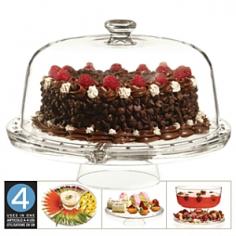 More than just a cake stand with cover, this glass serving piece will come in handy every time you have a party. Turn it over and reconfigure it and it becomes a chip and dip set, a round tray for serving breakfast pastries or cocktail hour hors d'oeuvres, or a punch bowl for birthday parties. The 4-in-1 cake stand comes with a heavy, domed lid and a stand that can be turned into a bowl for dips or sauces. Dimensions: Base to plate: 3.25-in. , Plate to top of dome: 5.75-in. , The diameter of the plate is 12.25-in.