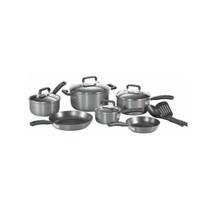 The T-fal Signature cookware set is an ideal 12-piece package, whether you're setting up your kitchen for the first time or getting rid of old pots and pans. This gray cookware set is created with long-lasting quality, featuring hard anodized exteriors and non-stick interiors. Four lidded pots, two frying pans and two nylon utensils make whipping up dinners and other culinary delights a piece of cake. Vented glass lids let you see the progress of your dishes, and the soft-touch handles stay cool to the touch and are oven-proof up to 350 degrees Fahrenheit. Unique Thermo-Spot heat indicators show when your pan is perfectly preheated to seal in the flavor of your food.