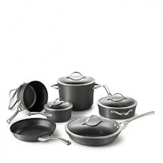 11-piece cookware set with multi-layer nonstick. Heavy-gauge, hard-anodized aluminum. Cast stainless steel loop handles. Dishwasher safe for easy cleanup. Oven safe to 450 degrees Fahrenheit. Manufacturer's full lifetime warranty. Everything you need, from the essentials to the specialty pieces, is all right here in the Calphalon Contemporary Nonstick 11-Piece Cookware Set. Triple-layer PFOA-free nonstick material is built to last (and even dishwasher safe), while the heavy-gauge hard-anodized aluminum promotes even heating. Stainless steel loop handles complete the design, and these pieces are oven safe up to 450 degrees Fahrenheit. You'll get a 10-inch fry pan, a 12-inch fry pan with lid, a 1.5-quart sauce pan with lid, a 2.5-quart sauce pan with lid, a three-quart saute pan with cover, and an eight-quart stock pot with lid. Manufacturer's full lifetime warranty. About CalphalonCalphalon's mission is to be the culinary authority in kitchenwares, enhancing the home chef's food experience during planning, prep, cooking, baking, and serving. Based in Toledo, Ohio, Calphalon is a leading manufacturer of professional quality cookware, cutlery, bakeware, and kitchen accessories for the home chef. Calphalon is a Newell-Rubbermaid company. Calphalon's goal is to give you, the home chef, all the tools you need to realize your highest potential in the kitchen. From your holiday roasting pan to your everyday fry pan, count on Calphalon to be your culinary partner - day in and day out, for breakfast, lunch, and dinner for a lifetime.
