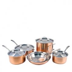Calphalon Tri-Ply Copper unites centuries-old culinary tradition with premium performance and distinctive style. Featuring graceful curves and a stunning combination of expertly finished, tri-bonded metals, this collection is as beautiful as it is hard-working. A brushed copper exterior and aluminum inner core combine for superior conductivity and precise cooking control for spectacular results. Fine-satin, brushed stainless steel interior won't react with foods and won't tarnish or change colors even when cooking acidic foods like tomato sauce. It will satisfy your eye for fine design as well as your appetite for fine food. Set Includes: 8-in. Omelette Pan 10-in. Omelette Pan 1.5-qt. Covered Sauce Pan 2.5-qt. Covered Sauce Pan 3-qt. Covered Saute Pan 6-qt. Covered Stockpot Features: Vessel Construction: Crafted from three metals - a heavy-gauge aluminum core sandwiched between a layer of stainless steel and copper expertly drawn into a vessel with equal thickness through the pan to ensure even heating. Flared rims make pouring easier, neater and safer. Key Performance: Highly conductive copper and aluminum combine to provide superior heat conductivity, precise cooking control and excellent browning. Exterior: Brushed copper finish complements both traditional and contemporary decor. Interior: Satin stainless steel is non-reactive with foods. Reflective surface allows for easy monitoring of foods as they cook. Durable, non-porous surface safe for use with all utensils. Handles: Cast stainless steel Cool V design. Long handles stay comfortably cool. Triple riveted for durable performance. Lightweight, ergonomic design for comfort. Covers: Precision-fit stainless steel seals in heat and moisture.