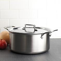 An essential for any kitchen, the All-Clad D5 8-Quart Stockpot is ideal for making stock, soups, and stews and for preparing food in large quantities. The pot's wide bottom allows for saut ing ingredients before adding liquids. As with all cookware from All-Clad's D5 collection, this stockpot is constructed with bonded stainless steel for exceptional heating, especially in induction cooking. Its stick-resistant, 18/10 stainless steel interior and long, comfortable handle will make this an essential tool for your kitchen. For Stocks, Soups, and Stews This stock pot features a wide bottom surface, which conveniently allows you to saut ingredients before adding liquids. The pot's size and design is also well-suited for canning, blanching, and preparing large meals. This 7-quart pot has two cast stainless steel handles and a lid for controlling evaporation. From All-Clad's D5 Brushed Stainless Steel Collection Cookware from the All-Clad D5 collection feature bonded five-ply construction with alternating layers of stainless steel and aluminum. This layered construction eliminates warping and enables even heating. And with 18/10 stainless steel interiors, D5 cookware is stick-resistant and non-reactive to food. Pieces from this collection feature brushed stainless steel exteriors that complement many kitchen styles. Compatible with a Range of Cooking Surfaces All D5 products are optimized for induction cooking, but provide perform well on all stove ranges, in the oven, or under the broiler. The pieces are also dishwasher safe for easy, convenient cleaning.