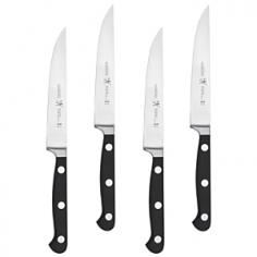 Stain-resistant high-carbon steel blades. Polyoxymethylene handles for strength and durability. Precise cutting for steaks chops and roasts. Hand-wash only. Includes 4 steak knives; 4.5-in. blades. Heavy-weight forged blades and a classic design make the J.A. Henckels International Classic 4 Piece Steak Knife Set a useful and attractive addition to your kitchen. These knives are drop-forged at high temperatures to make them strong and durable and the high-carbon steel blades are hand-honed for precision cutting. The triple-riveted polyoxymethylene handles are super strong and the full bolsters protect hands while cutting. Full tangs give these knives perfect balance so they feel like commercial-quality cutlery. Additional Features: Knife measures 8.75 inches including handle Hot drop-forged construction for extra strength Handle is triple-riveted for superior strength Full bolster for weight and safety Full tang provides proper balance Hand-honed precision cutting edge Warranty included; see product guarantee area About Zwilling J.A. Henckels: JA Henckels has been producing the best in German steel knife design since 1895. Their products are designed for everyday use giving you the maximum value for your money. This modern company uses innovative technology to create the highest-quality products. They're so sure you'll be satisfied with their products that they back each one with a lifetime warranty. With several lines of quality cutlery and other products you're sure to find the perfect housewarming or wedding gift or addition to your own kitchen.
