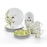 Crafted of porcelain. Pattern: seasons changing. Delicate organic design. Dishwasher- and microwave-safe. 16-piece set. Modern, funky, and graphic - the Rachael Ray Dinnerware Seasons Changing Collection 16 pc. Set is as stylin' as you are. This dinnerware set is crafted of porcelain and is microwave- and dishwasher-safe. Can you say convenient? Every cook knows that you eat with your eyes first, and the sassy sage green and white organic design is accented by red leaves for a pop of color. The set includes four of each: 10.5-inch dinner plates, 8-inch salad/dessert plates, 5.5-inch cereal bowls, and 11-ounce mugs. Perfect for a hearty breakfast, lunch, dinner, or midnight snack. Bring home this taste-tastic set and show off your kitchen style. About Rachael Ray Cookware and CutleryRachael Ray means fun, functional, colorful cookware and cutlery inspired and endorsed by the TV personality herself. Express yourself through your cookware with these truly unique pieces made with high-quality materials like cast iron and bright enamel exteriors. These hard-working pieces are perfect for all types of cooks, from casual home users to commercial chefs, and you'll love the way they look in your kitchen.