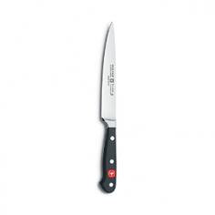 The CLASSIC 6 Sandwich Knife from Wusthof&reg; is perfect for the larger cuts of meat, fruit and vegetable. ; Forged from one piece of specially tempered high carbon stainless steel for exceptional strength. ; The blade is made of a special steel alloy that's exceptionally sharp and has a long-lasting, easily restorable edge. ; The bolster provides heft and balance as well as a finger guard for safety and comfort. ; Full tang construction from the bolster through the back of the handle for a solid feel and confident control. ; Riveted synthetic handle is smooth and seamless for a comfortable grip. ; Attention to details include a ground and polished spine with an etching of the steel formula and trident logo. ; Carefully hand wash and towel dry. ; Blade length: 6.0 Blade width: 1.0 Handle length: 4.5 Weight: 3.92 oz; Made in Germany.