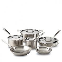 The most practical option when looking for basic cookware shapes. The most fundamental day to day cooking can be accomplished with these set pieces. Set includes: 8-in. and 10-in. Fry Pans 1.5-qt. and 3-qt. Sauce pans with lids 3-qt. Saute pan with lid 8-qt. Stockpot with lid Features: Patented five-ply construction throughout the vessel for even diffusion and heat retention Patented Stainless steel center core improves geometric stability and prevents warping Engraved capacity marking on the bottom of every pan Comfortable oversized handles Long, riveted stick handle stays cool on the cooktop while easy-grip loop handles provide stability Convenient rolled lip for easy pouring 18/10 stainless steel cooking surface will not react with food Stainless steel magnetic exterior compatible with all cooktops, optimal for induction Oven and broiler safe Handcrafted in the U.S.A.
