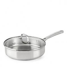 The Calphalon Classic Stainless Steel 3-qt. SautÃ Pan is built to last with time saving features. It has etched fill lines that make measuring easy and a cover with straining holes that line up with pour spouts to drain liquids so you don't have to use a separate colander. The pan is made from brushed stainless steel with an impact-bonded aluminum base for fast, even heating, and is dishwasher safe for easy cleanup. The 3-qt. SautÃ Pan has a wide, flat bottom to maximize the cooking surface, giving you room to sear steaks, chicken or fish. Straight sides keep juices in the pan and minimize splattering. This pan is also perfect for making deglazed pan sauces â&euro;" the stainless steel cooking surface encourages browning, caramelizing juices on the bottom to create the basis for flavorful sauces. Color: Silver.