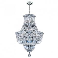This stunning 12-light Crystal Chandelier only uses the best quality material and workmanship ensuring a beautiful heirloom quality piece. Featuring a radiant chrome finish and finely cut premium grade crystals with a lead content of 30%, this elegant chandelier will give any room sparkle and glamour. Worldwide Lighting Corporation is a privately owned manufacturer of high quality crystal chandeliers, pendants, surface mounts, sconces and custom decorative lighting products for the residential, hospitality and commercial building markets. Our high quality crystals meet all standards of perfection, possessing lead oxide of 30% that is above industry standards and can be seen in prestigious homes, hotels, restaurants, casinos, and churches across the country. Our mission is to enhance your lighting needs with exceptional quality fixtures at a reasonable price. Finish: Polished Chrome Crystal Color: Clear 30% Premium Full Lead Crystal (12) 60W E12 Incandescent Candelabra Bulb(s) Bulb(s) Not Included Total Watts: 720 Voltage: 110V - 120V Number of Tiers: 1 Beautiful Polished Chrome finish and dressed with precision cut and polished 30% Full Lead Crystals for maximum brilliance and sparkle From the Empire Collection Accommodates up to12 60-watt maximum (40-watt recommended) candelabra base incandescent E-12 bulb (not included) Solid Brass Frame in Chrome Plated Finish and 30% Full Lead Crystal Includes 48-in adjustable chain for hanging UL and CUL Listed to US and Canadian safety standards For Dry Locations only (Dry Locations include kitchens, living rooms, dining rooms, bedrooms, foyers, hallways and most areas in bathrooms) Hardware included Assembly instructions and template enclosed for convenient setup (Professional installation is recommended) 1 Year Limited Manufacturing Defects Warranty Hardwired UL Listed, cUL Listed, CSA Listed Style: Transitional Part of the Empire Collection Warranty Info: 1 Year, Worldwide Lighting Corporation warranties products to be free from defects for a period of one year following shipment. Warranty is and void if merchandise is not installed according to factory instructions, NEC guidelines, and applicable building cOverall Dimensions: 18"(D) x 18"(W) x 27"(H)Diameter Range: Diameter from 17" to 23"Item Weight: 25 lbs. Please note that this product is designed for use in the United States only (110 volt wiring), and may not work properly outside of the United States*Use of this product will expose you to lead, a chemical known to the State of California to cause birth defects or other reproductive harm. Not intended for food use.