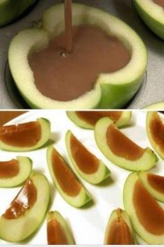 Here's a new spin on making caramel apples... Hollow out the apples, melt the caramel, pour into the apples and let them cool and set. Then ...
