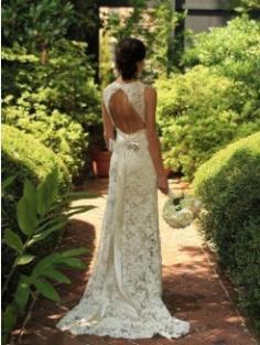 Column Sleeveless Lace V-neck Sweep/Brush Train Bridal Gowns